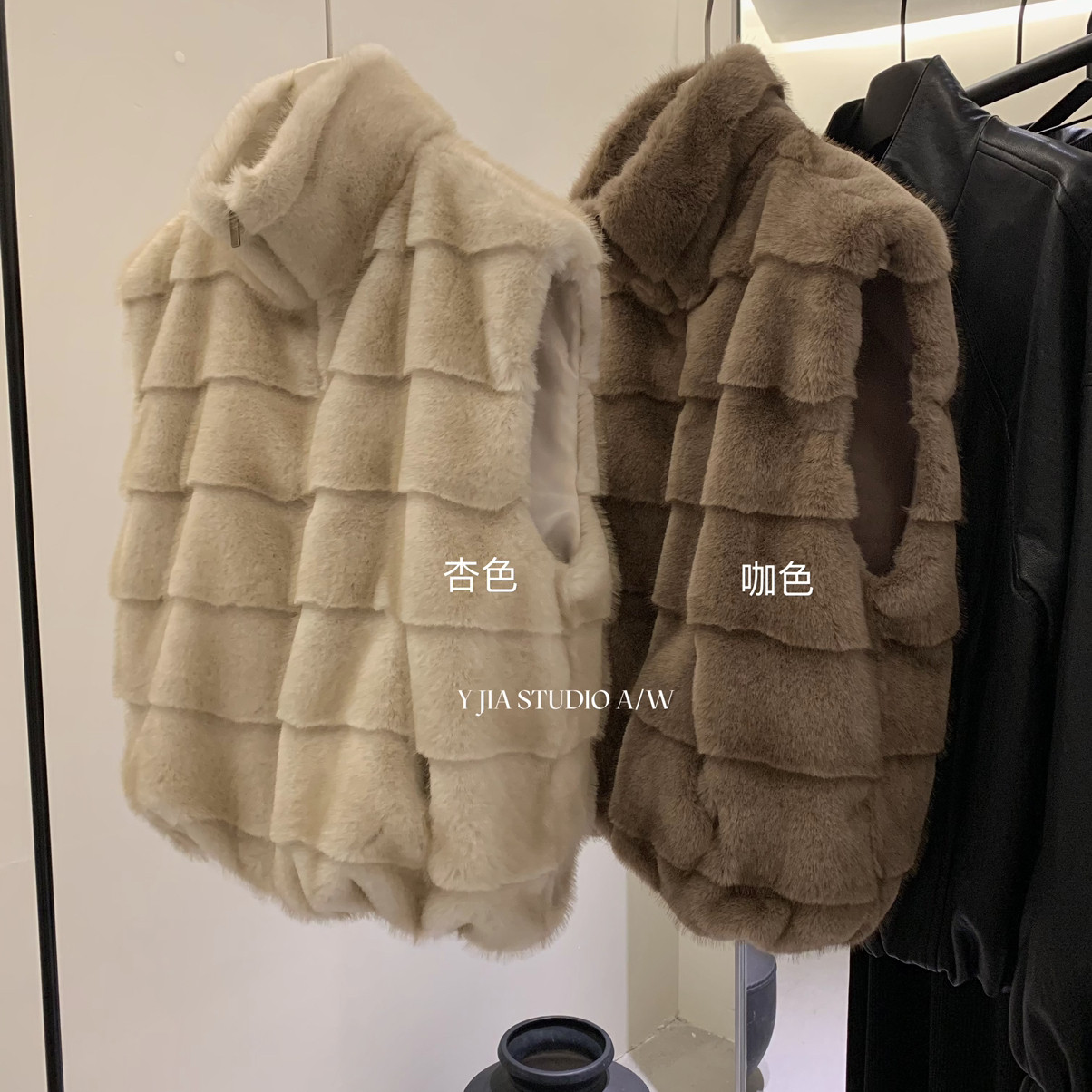 Cecil层叠毛序立领仿貂毛马甲外套马甲1318-5