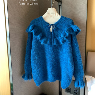 Cecil温柔慵懒宽松荷叶边绑带喇叭袖 555 套头保暖毛衣1292