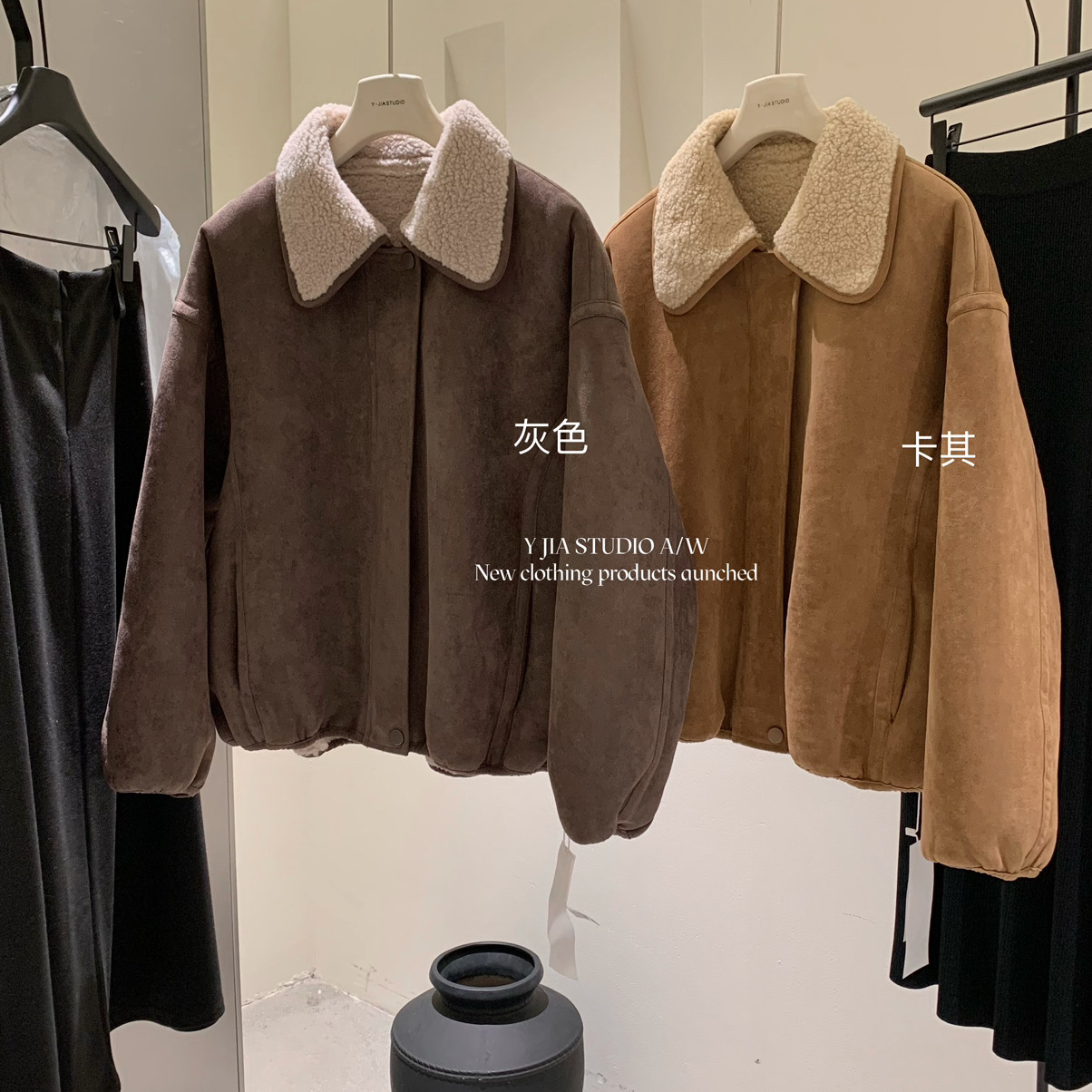 Cecil翻领仿皮毛一体仿仿麂皮复古高级感夹克短外套7875-55