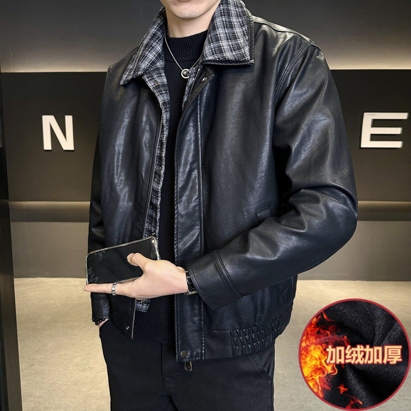 加绒皮衣外套男士秋冬季2025新款潮牌高级感假两件加厚翻领皮夹克
