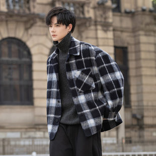格子双面呢子男士羊毛大衣短款高级感潮牌休闲衬衫式羊驼毛呢外套