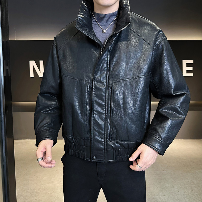 冬季新款皮衣羽绒服男韩版修身PU皮白鸭绒外套百搭青年休闲男装潮