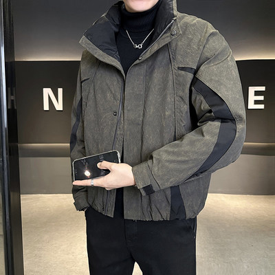 立领防风加厚羽绒服短款2025冬季新款时尚休闲男士拼色保暖外套