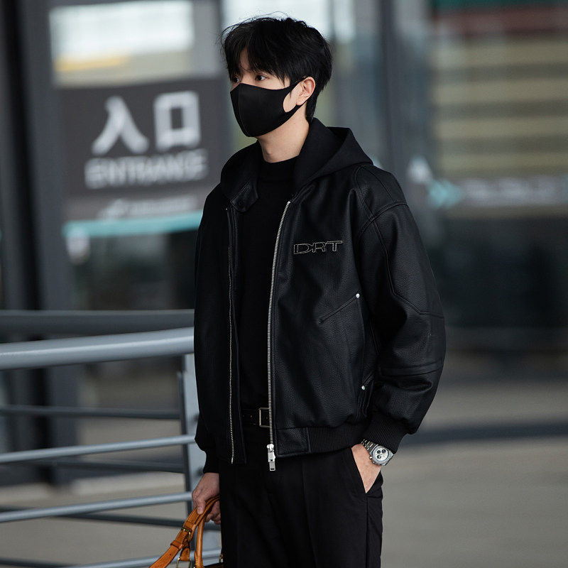 白鸭绒连帽PU皮面男士羽绒服加厚防寒衣潮牌冬季情侣外套潮流男装