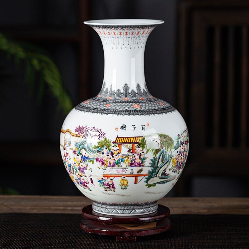 景德镇陶瓷花瓶薄胎瓷瓶百子图玄关家居装饰仿古古典中式摆件瓷器