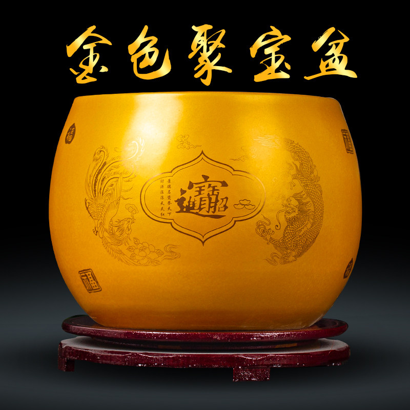 景德镇陶瓷聚宝盆摆件办公室带盖仿古生财黄色材质米缸招财聚财,家居饰品,桌面摆件,淘宝优惠券,粉丝福利购,淘宝优惠卷