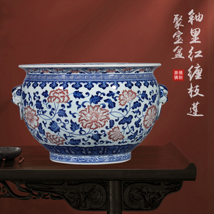 景德镇双耳手绘陶瓷聚宝盆大号青花瓷古玩手工高档特色摆件复古