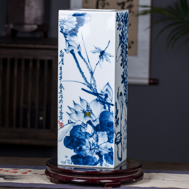 景德镇陶瓷器手绘青花瓷四方瓶装饰摆件家居客厅书房插画筒工艺品