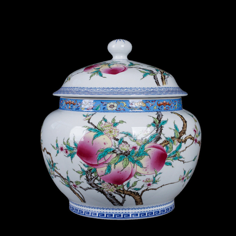 景德镇陶瓷 仿古寿桃储物罐装饰品摆件 家用客厅储物茶饼罐瓷器