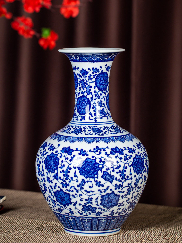 景德镇陶瓷青花瓷花瓶装饰摆件家居客厅入口花瓶中国古典圆腹