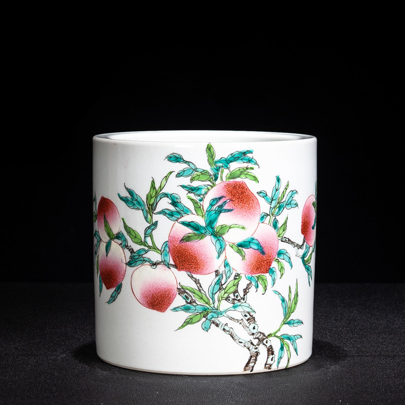 景德镇陶瓷 新中式客厅酒柜寿桃瓷器装饰品摆件 办公室书房笔筒