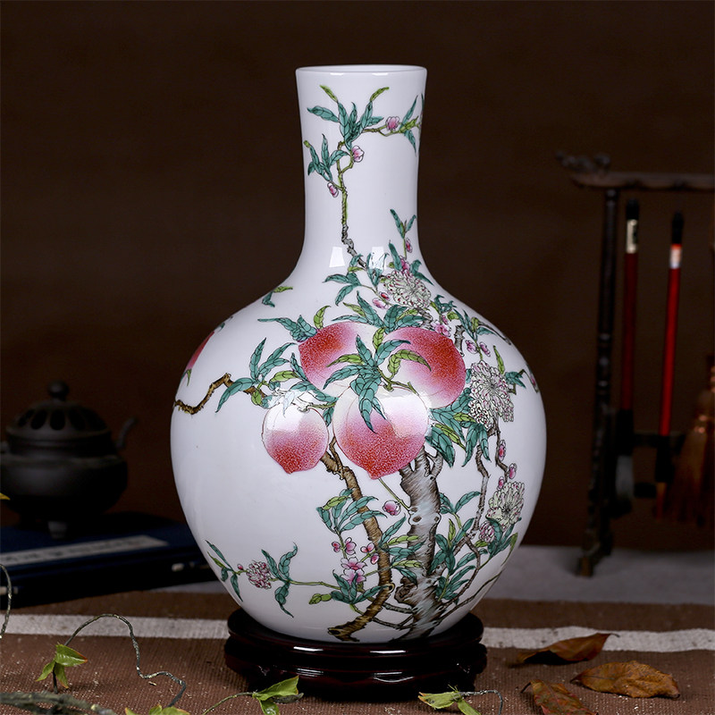 景德镇陶瓷器 仿古寿桃天球瓶 新中式工艺品装饰摆件仿古家居饰品