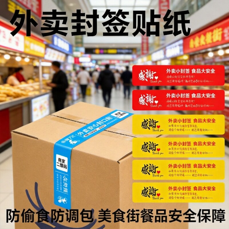 外卖封口贴食安封签一次性防拆餐盒打包美团饿了么外卖安全可定制