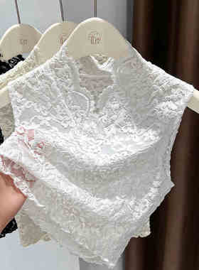 白色蕾丝打底衫女秋冬内搭v领假领子百搭女高档修身网织镂空上衣