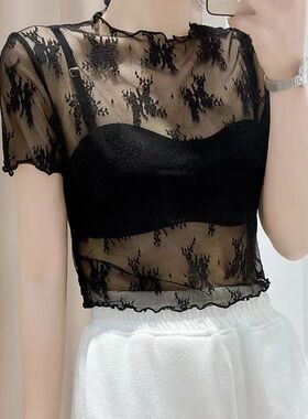 黑色蕾丝打底衫女夏季吊带裙内搭上衣性感透明镂空网纱短袖t恤薄