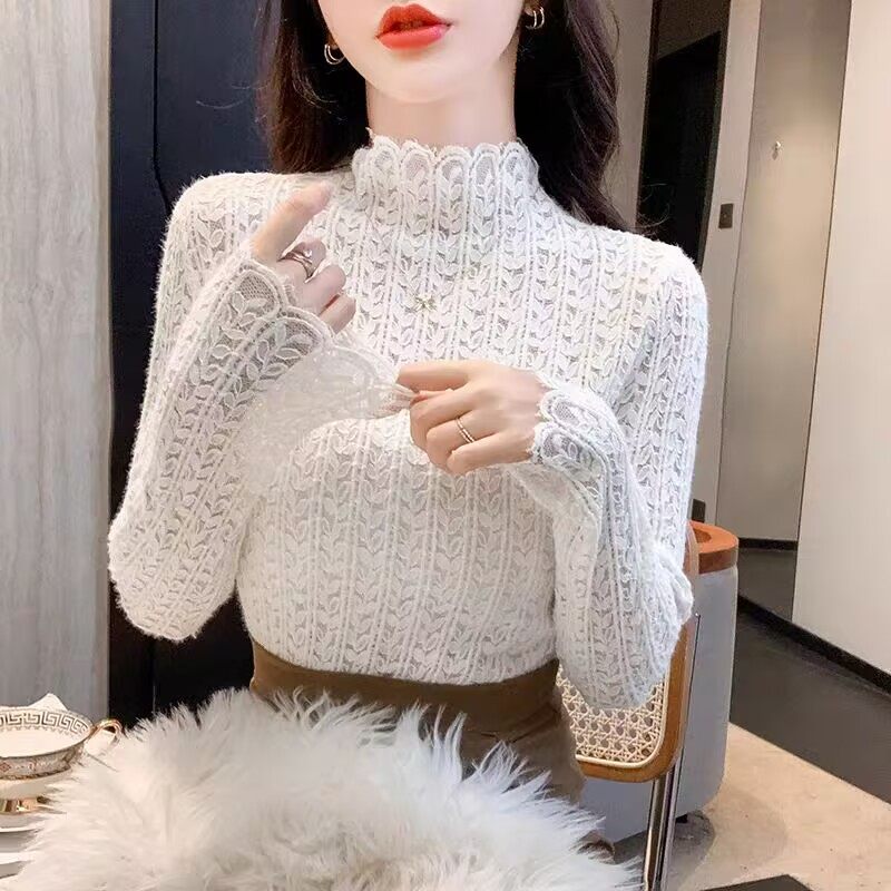加绒半高领磨毛蕾丝打底衫女新款秋冬洋气内搭气质小衫上衣