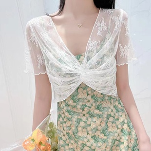 蕾丝衫 防晒披肩女夏季 网纱镂空V领上衣短款 配吊带裙外搭罩衫 短袖
