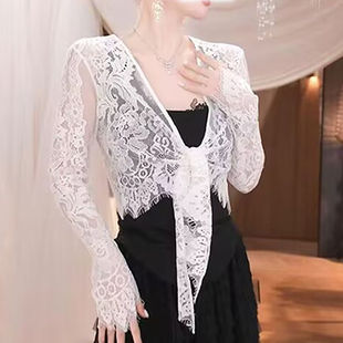 黑色性感蕾丝防晒开衫女夏薄款透明长袖罩衫吊带外搭系带镂空披肩