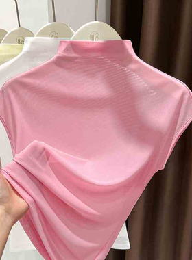 紫色冰丝修身小飞袖t恤女夏季薄款高端欧货微透半高领短袖上衣