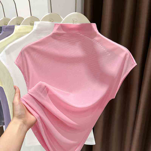 紫色冰丝修身小飞袖t恤女夏季薄款高端欧货微透半高领短袖上衣