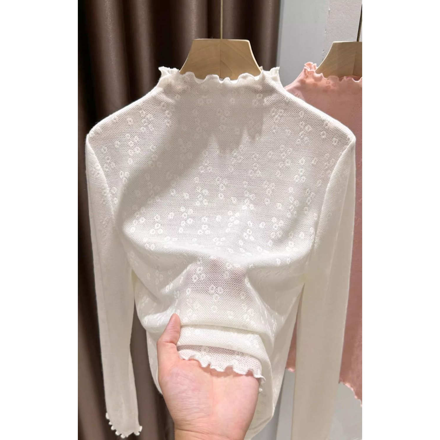 木耳边针织提花蕾丝半高领打底衫女秋冬新款软糯内搭薄款宽松上衣