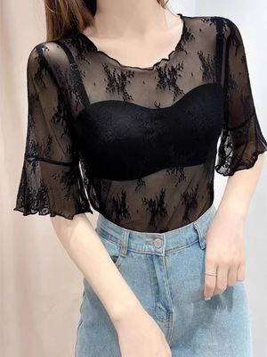 内搭蕾丝打底衫女短袖夏透明薄纱网纱上衣配吊带裙子外搭罩衫外穿