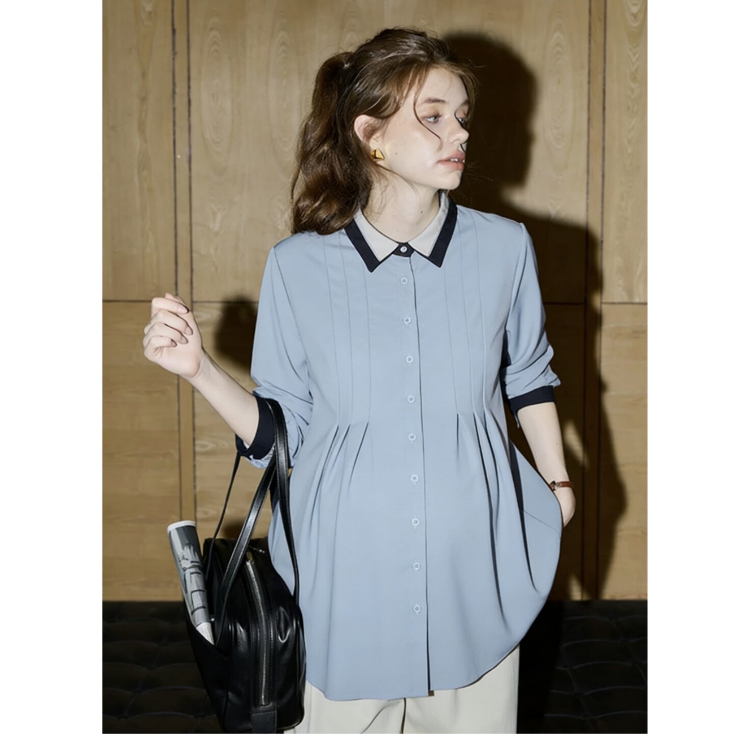 大码孕妇职业装面试春装衬衫中长款通勤孕妇春季法式上衣纯棉衬衣