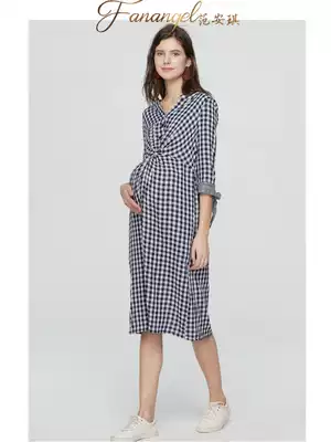Maternity dress plaid dress spring and autumn fashion pregnant women spring and autumn cotton shirt dress long version over the knee