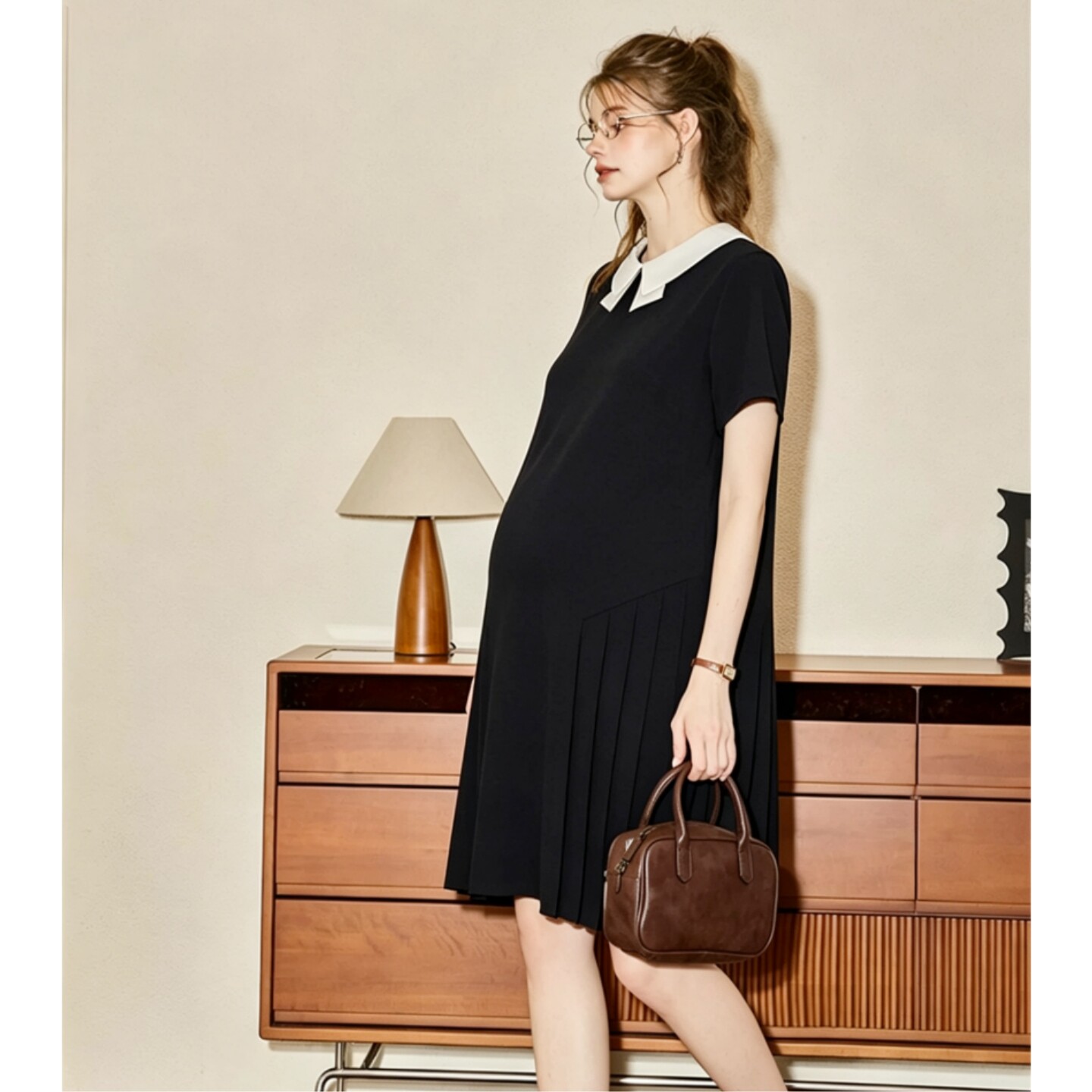 孕妇职业装面试夏装雪纺连衣裙上班通勤孕妇装夏季法式百褶连衣裙