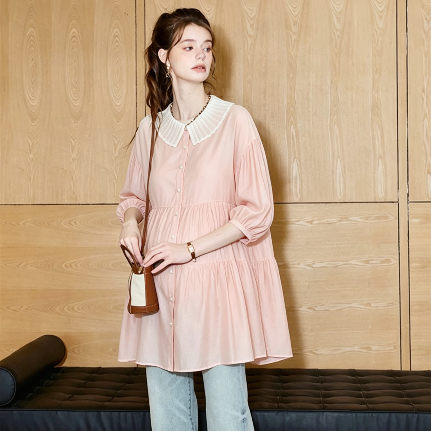 孕妇春夏季法式衬衫裙甜美小个子娃娃衫孕妇装上衣天丝雪纺衫衬衣