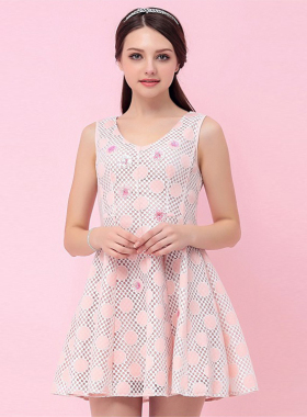 朵系列夏装新款气质网格V领亮片无袖修身连衣裙A字短裙30TX83650