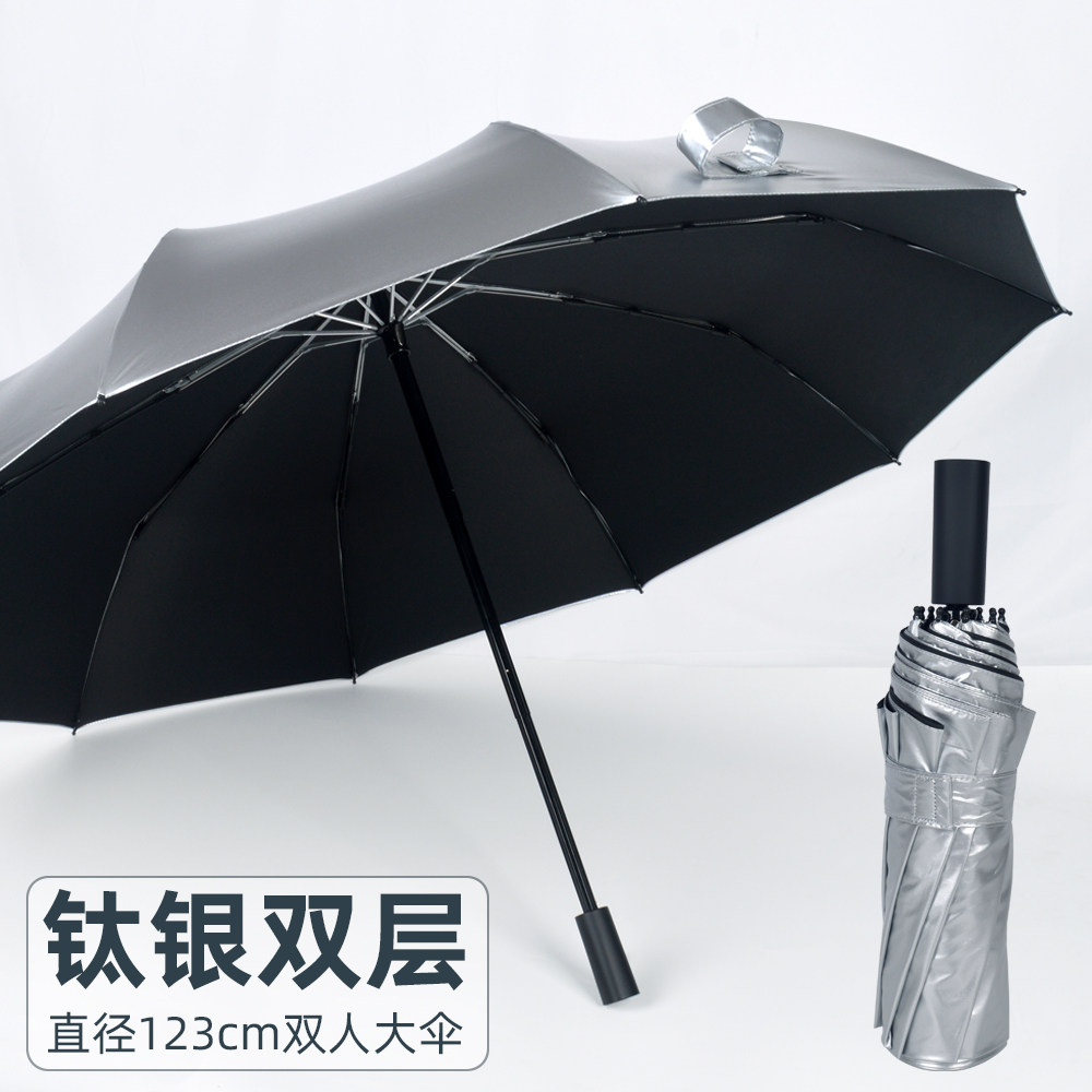 钛银黑胶双层手动折叠伞图片