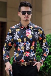 男秋款花衬衫加肥大码印花男士长袖衬衫C615p50模特图片