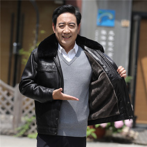中年新款皮衣翻领大毛领老爸保暖加绒皮衣外套1088p150图片