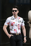 2021新款男式青年修身夏季印花衬衫弹力大码短袖花衬衫232p45，男装衬衫，星座1203