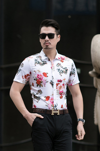 2021新款男式青年修身夏季印花衬衫弹力大码短袖花衬衫232p45图片