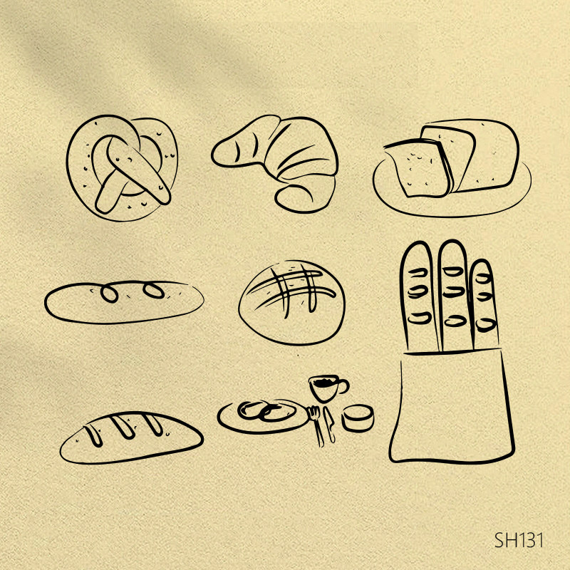 法式面包插图手绘烘焙法式长棍面包图标绘制羊角面包店菜单卡素描