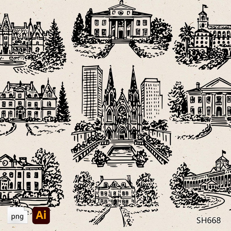 定制婚礼场地插图手绘复古风格png线条手绘插画地图图标设计