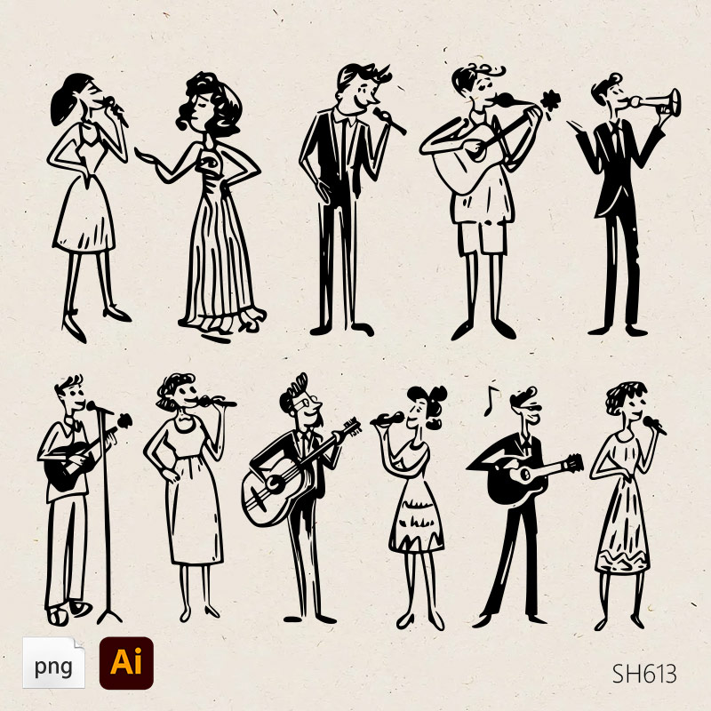 手绘音乐家插画复古涂鸦婚宴图标排练晚宴素描线条音乐弹奏素材图