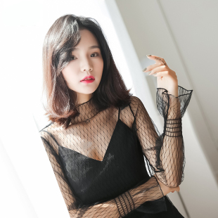 网纱打底衫女长袖网格蕾丝衫内搭透视超仙显瘦洋气上衣秋性感小衫