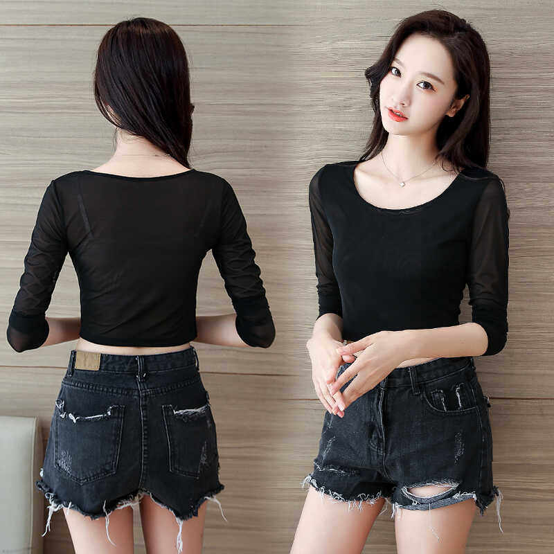 半截网纱打底衫低领秋装短款性感蕾丝半身罩衫内搭中袖t恤纱衣女