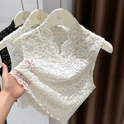 叠穿无袖内搭假领性感网纱上衣秋冬镂空蕾丝花边v领打底衫女短款