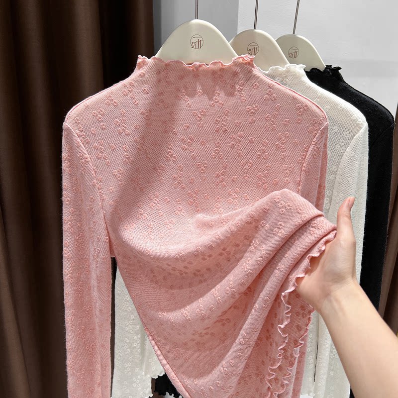 内搭提花花边长袖上衣半高领针织粉色打底衫女2025新款设计感修身