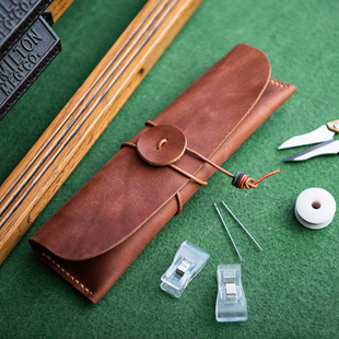 兰泽DIY材料包 复古疯马皮真皮笔袋 文艺范绑带笔套 自己手工缝线
