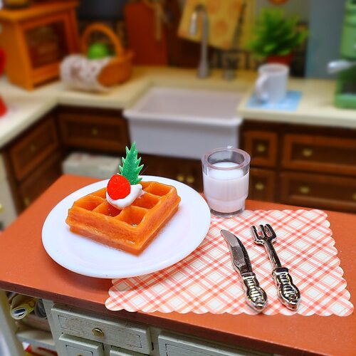 dollhouse 娃娃屋 仿真微缩迷你 华夫饼 牛奶 过家家摆件 模型