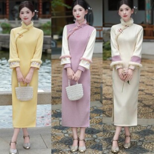 白色旗袍新款2025秋冬季长袖加绒加厚冬款复古高贵气质新中式冬天