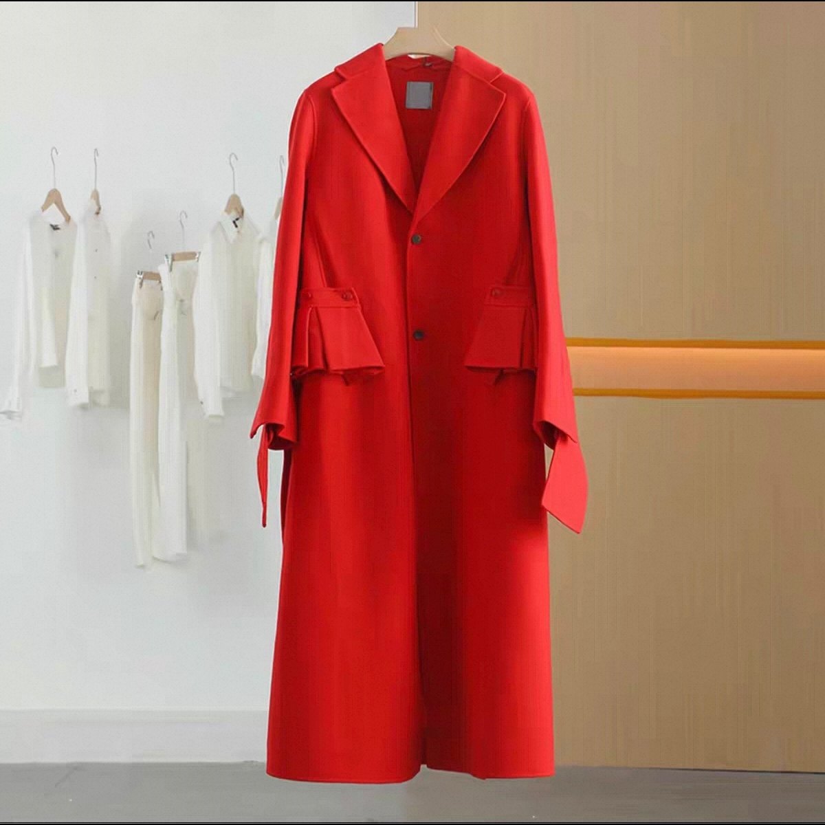 JN家橘红色西装领中长款羊毛呢外套女秋冬荷叶边显瘦百搭大衣包邮