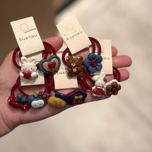 儿童可爱小熊花朵发圈女童不伤发头绳高弹力发绳宝宝红色皮筋发饰