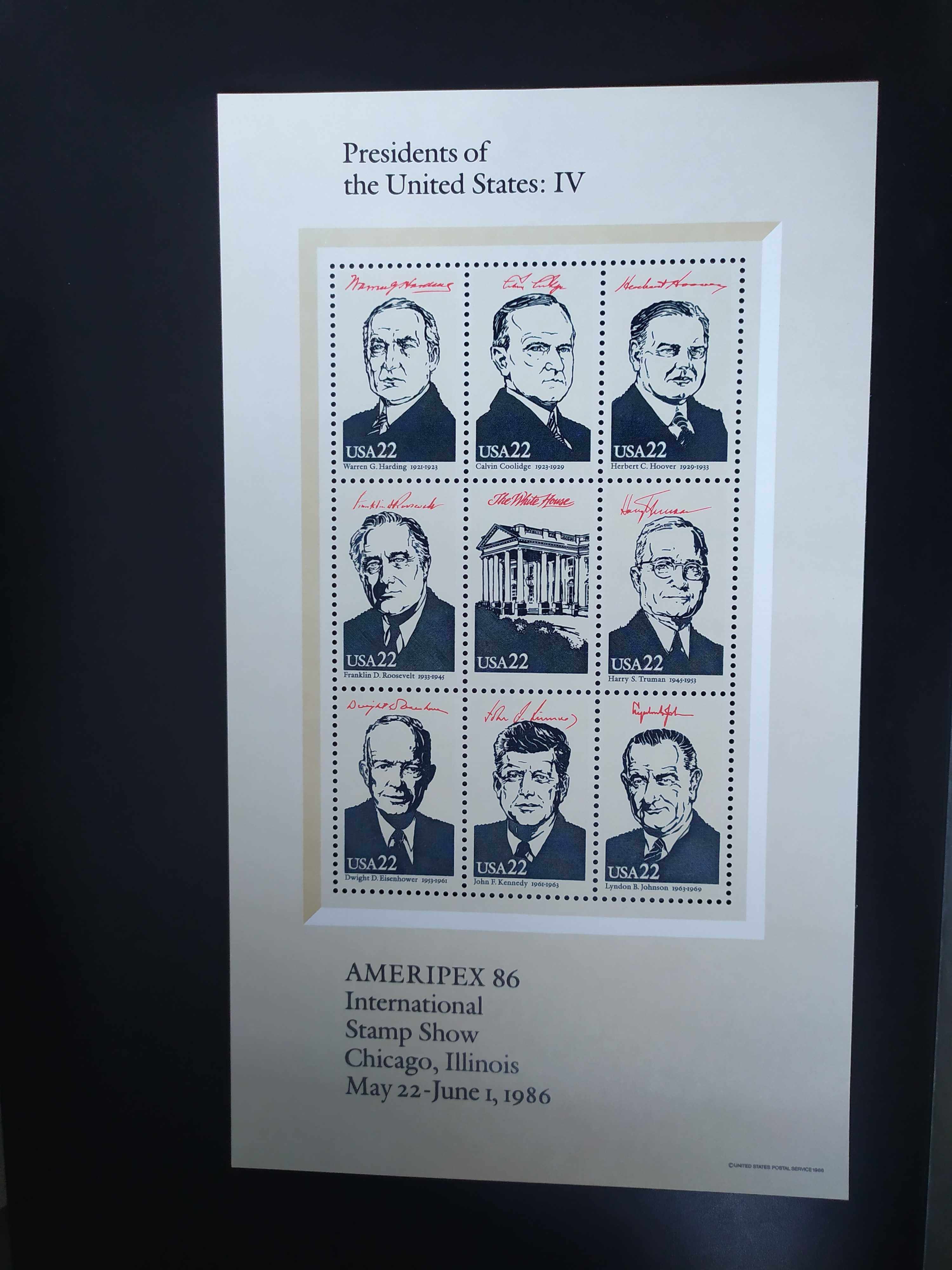 美国1986年历任美国总统邮票小全张4全新