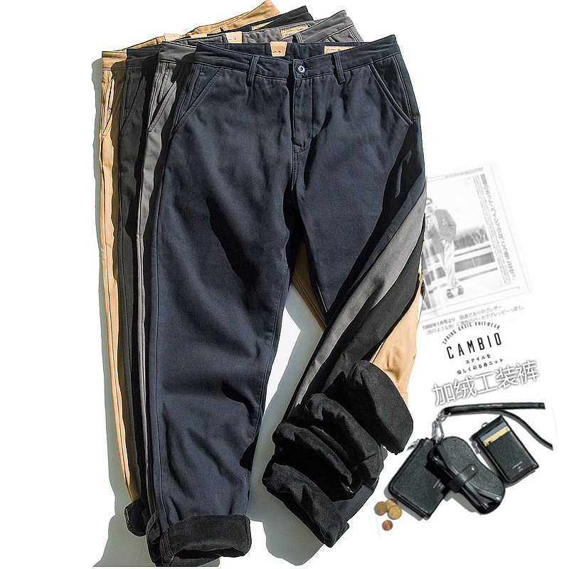 日系秋冬加绒加厚纯棉小直筒宽松休闲裤工装裤商务长裤男潮大码